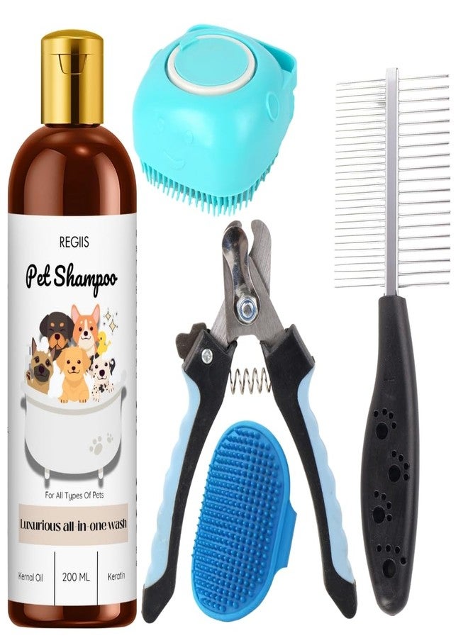 REGIIS Pet Grooming Kit with All-in-One Wash Shampoo, 200ml, Professional Dog Grooming Tools, Includes Massage Brush, Nail Clipper, Pet Comb(PACK OF 5) - Image 1